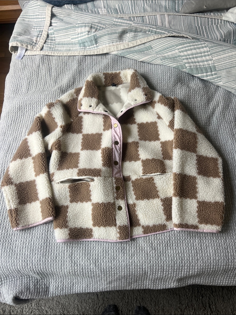Teddy Checkered Shacket Jacket - Cream & Brown